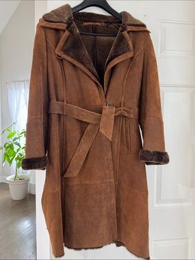 Peter Duffy Vintage Women's Brown Suede and fur Belted Coat